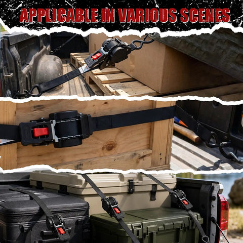 4 Pack Auto-Retractable Ratchet Tie Downs 1 Inch by 12 Foot Cargo Straps securing loads in truck bed and on cargo boxes.