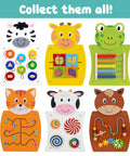 Animal-themed wall panels for toddlers featuring shape activities, abacus, and colorful patterns for fine motor skills and hands-on play.