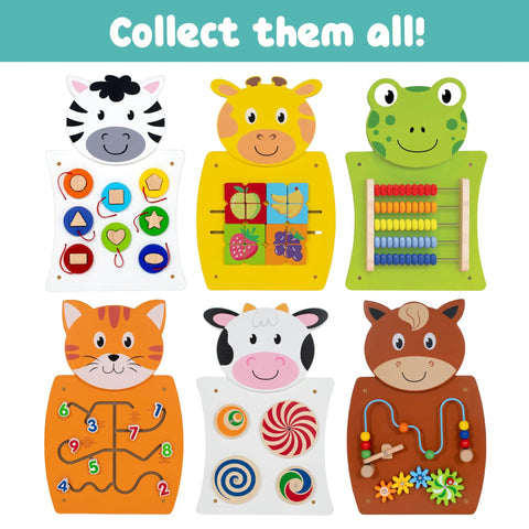 Animal-themed wall panels for toddlers featuring shape activities, abacus, and colorful patterns for fine motor skills and hands-on play.