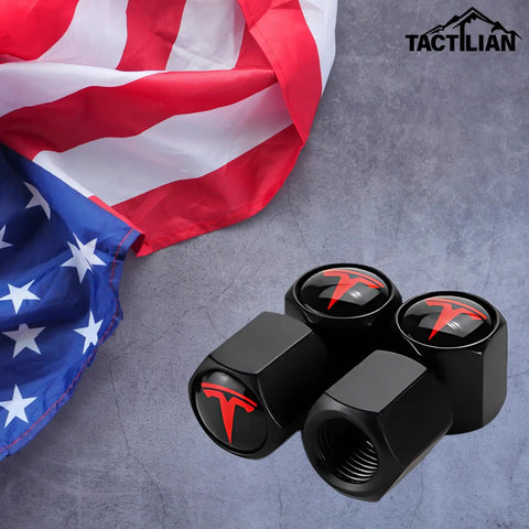 Tesla Model 3 S X Y Tire Valve Stem Caps Matte Black Aluminum With Rubber O Rings Leakproof Valve Covers with American flag