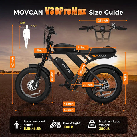 Size guide for Beast Mode Dual Motor Electric Bike For Adults With 4000W Peak Power, 37.5 MPH, brown, showing dimensions.