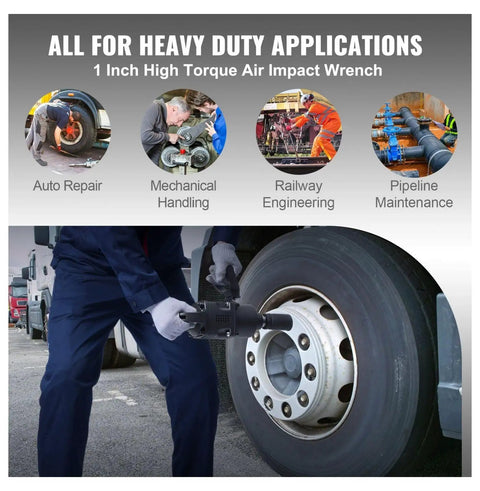 1 Inch Air Impact Wrench Delivers 2730 Ft Lbs Breakaway Torque As A Lightweight Heavy Duty Pneumatic Impact Gun being used on a truck wheel.