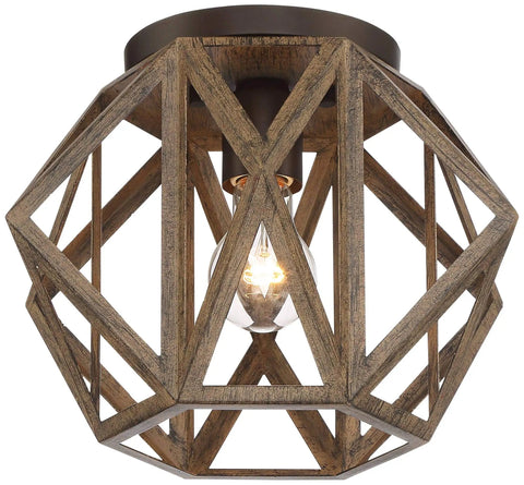 Elevate Your Home Decor With This Straight Up Solid Rustic Flush Mount Ceiling Light Featuring A Dope Wood Finish That Brings Serious Farmhouse Vibes To Any Room UL Certified Easy Setup Perfect For Modern Living Spaces Today. Hexagon flush mount light with a rustic wood frame and visible bulb.