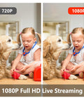 Comparison of 720P and 1080P resolution with a girl and dog, promoting Four Pack Indoor 1080P Security Cameras With Motion Detection Night Vision.