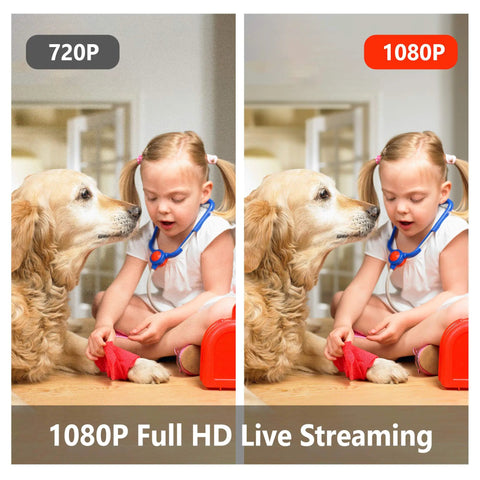 Comparison of 720P and 1080P resolution with a girl and dog, promoting Four Pack Indoor 1080P Security Cameras With Motion Detection Night Vision.