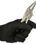 Gloved hand holding Locking Pliers Long Nose Four Inch 100mm With Wire Cutter For Precision Work Heavy Duty Heat Treated Steel