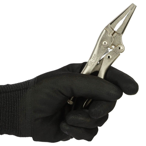 Gloved hand holding Locking Pliers Long Nose Four Inch 100mm With Wire Cutter For Precision Work Heavy Duty Heat Treated Steel