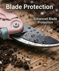Close-up of Two Pack Garden Pruning Set With 8 Inch Bypass Pruner And 6.25 Inch Precision Scissors Pink Heavy Duty Garden Clippers With German SK5 Steel Blades on soil with water droplets showing enhanced blade protection.