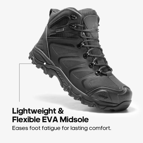 All Black Steel Toe Waterproof Work Boots For Men With Rugged Construction Durable Toe Cap ASTM 2413 18 Safety Rating And Slip Resistant Sole Armadillo STL Built Tough For The Jobsite side view, highlighting lightweight EVA midsole.