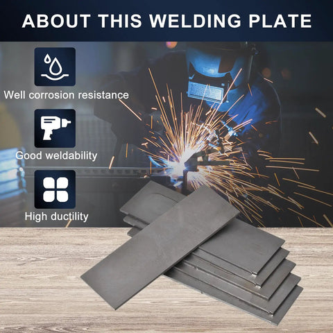 2x6 Inch Mild Steel Welding Plate Kit For MIG TIG ARC Gas Stick Practice And Training In 11 Gauge Pro Grade Durable Steel Plates Pack Of 6 For Welding Students And Hobbyists displayed on wood surface with welding background.