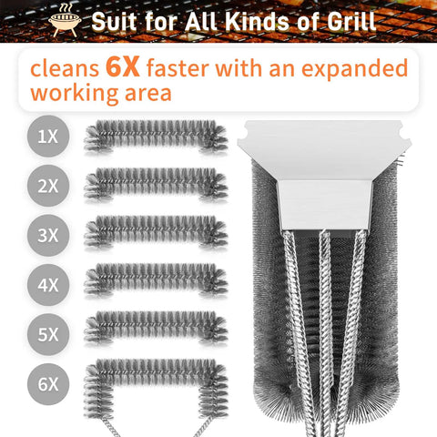Heavy Duty Grill Brush And Scraper With 18 Inch Adjustable Handle For Outdoor Gas And Charcoal Grills Bottle Opener Included No Mess Cleanup Extra Strong Grill Cleaner For Grates And Racks showing 6X cleaning efficiency with dense bristles