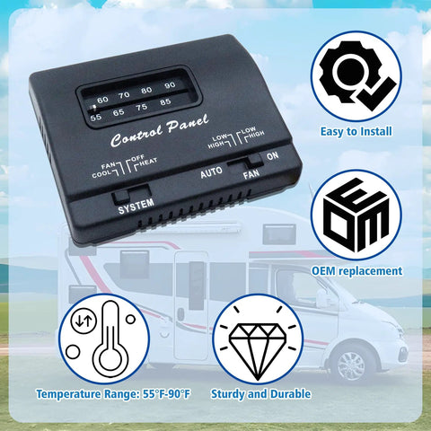 RV Thermostat Replacement 7330F3852 Compatible With Mach 15 Series showing control panel and features