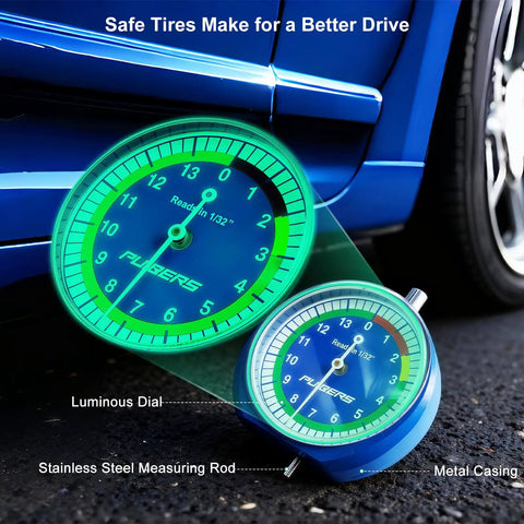 32nds Tire Tread Depth Gauge with Glow In The Dark Luminescent Dial on ground near car, metal casing visible