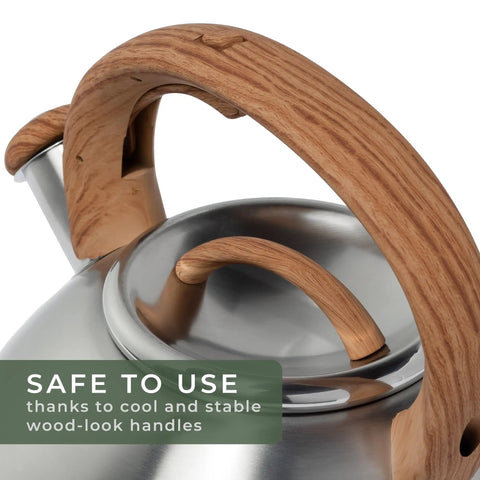 Close-up of Stovetop Whistling Tea Kettle Two Point Four Quart Stainless Steel For Induction And Gas Stovetops with wood-look handle.