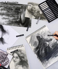 Compressed Charcoal Sticks Set 24 Pack Black And White Vine Charcoal For Drawing Sketching And Shading Ideal For Portraits And Art Projects with sketchbooks and drawings.