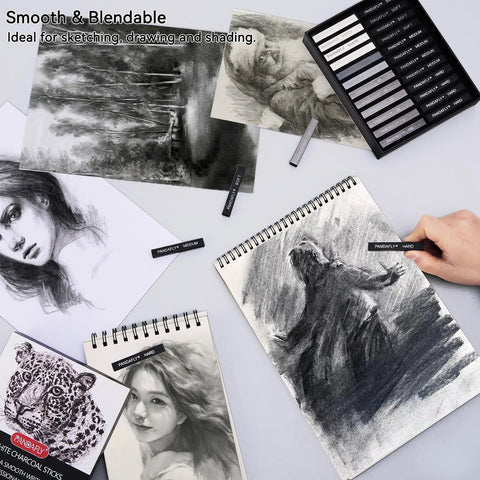 Compressed Charcoal Sticks Set 24 Pack Black And White Vine Charcoal For Drawing Sketching And Shading Ideal For Portraits And Art Projects with sketchbooks and drawings.
