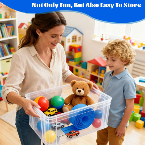 Woman and child with storage box in playroom holding toys and race car set compatible with Kid Friendly 19 Foot Portable Two Lane Race Car Track Starter Set With Wall Mount Suction Cups Magnets And Hooks Blue Compatible With One Sixty Fourth Scale Cars Great For Playrooms Windows And Smooth Surfaces.