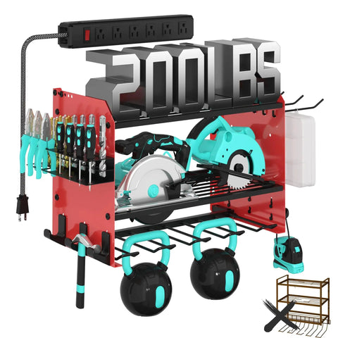 Heavy Duty 3 Layer Power Tool Organizer Wall Mount With Charging Station And 6 Outlet Power Strip Adjustable Metal Storage Rack Drill Holders Hooks And Drill Bit Rack For Garage And Workshop Red with tools and 200lb capacity