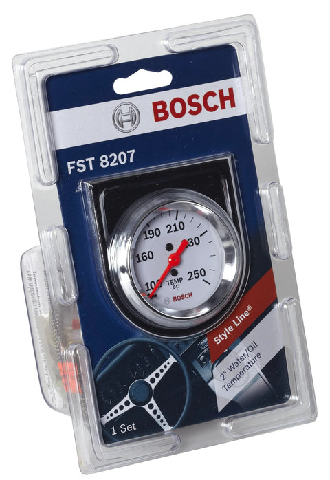 Bosch 2-inch Style Line mechanical water/oil temperature gauge with white dial and chrome bezel