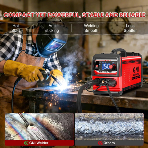 Person welding with Three In One MIG TIG Stick Welder Portable 110V Inverter With Auto Darkening Goggles, focus on welder.