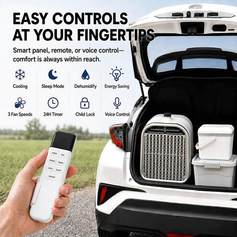 Hella Cold Blast 5100 BTU Portable Air Conditioner For Glamping And Overland Adventures Instant Chill Mode With Offline Voice Toggle Low Watt Power Station Campin Setup remote control features displayed in a vehicle trunk