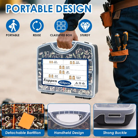 Person holding Beast Rivet Nut Tool Kit With 455Pcs Rivet Nuts And 6 SAE And Metric Mandrels carrying case