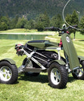 Smooth Operator Electric Single Rider Golf Cart With Foldable Four Wheel Chassis Easy Speed Tweaks And Solid Golf Bag Mount For No Sweat Fairway Gliding on grassy course.