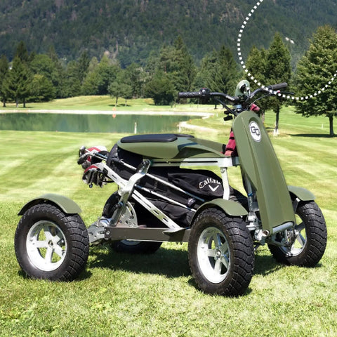 Smooth Operator Electric Single Rider Golf Cart With Foldable Four Wheel Chassis Easy Speed Tweaks And Solid Golf Bag Mount For No Sweat Fairway Gliding on grassy course.