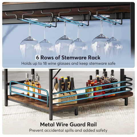 L Shaped Home Bar Unit With 3 Tier Storage Shelves And Wine Glass Holder showing stemware rack and metal wire guard rail