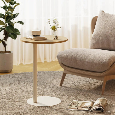 C Shaped Round End Table With Metal Legs For Couch, Snack Sofa Tray Or Laptop Desk beside a chair in a cozy living space