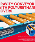 12 Inch Wide By 5 Feet Long Light Duty Gravity Conveyor Steel Frame Galvanized Rollers Polyurethane Coated for Shipping Assembly, close-up of rollers.