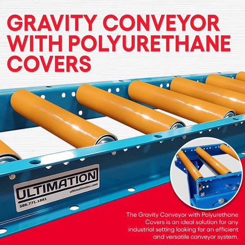12 Inch Wide By 5 Feet Long Light Duty Gravity Conveyor Steel Frame Galvanized Rollers Polyurethane Coated for Shipping Assembly, close-up of rollers.