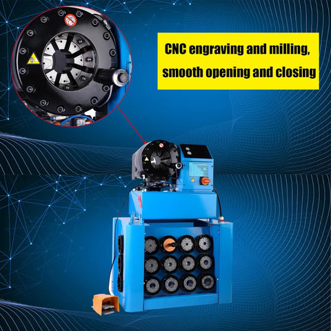 Hardcore Heavy Duty Top Shelf High Pressure Hydraulic Hose Crimper Machine With 13 Interchangeable Dies For Quick Electric Tube Shrinking And Fast Pipe Fitting On Any Job Site Using Standard 220V Plug And 4k Watt Motor with CNC engraving feature.