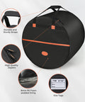 Road Tough Full Size Five Piece Drum Case Set With Killer Thick Padding For 10 Inch 12 Inch Toms 14 Inch Snare 16 Inch Floor Tom And 22 Inch Bass Drum Bags showing padded lining and durable straps.