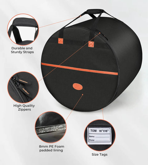 Road Tough Full Size Five Piece Drum Case Set With Killer Thick Padding For 10 Inch 12 Inch Toms 14 Inch Snare 16 Inch Floor Tom And 22 Inch Bass Drum Bags showing padded lining and durable straps.