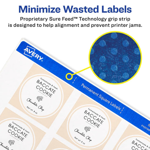 Hassle Free Printable Square Labels 2X2 Inch Matte White For Laser And Inkjet Printers 300 Count sheet showing grip technology feature.