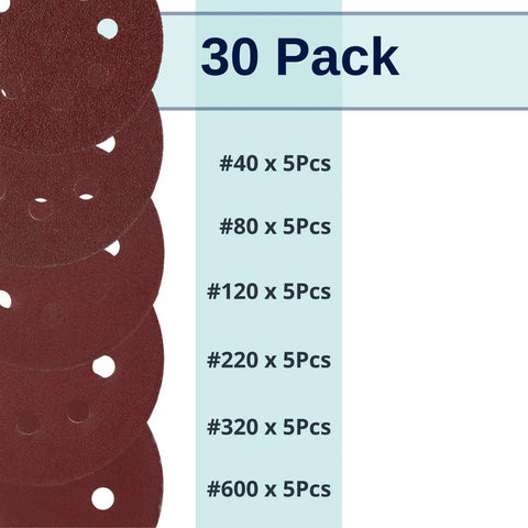 Overview of Five Inch 8 Hole Sanding Discs Set, 30 Pack with Assorted Grits 40 80 120 220 320 600 for Orbital Sander