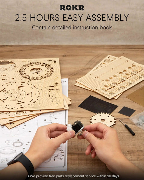 Hands assembling Starry Night 3D Puzzle Music Box Kit For Adults And Teens - Wind Up Wooden Gear Puzzle No Glue Needed