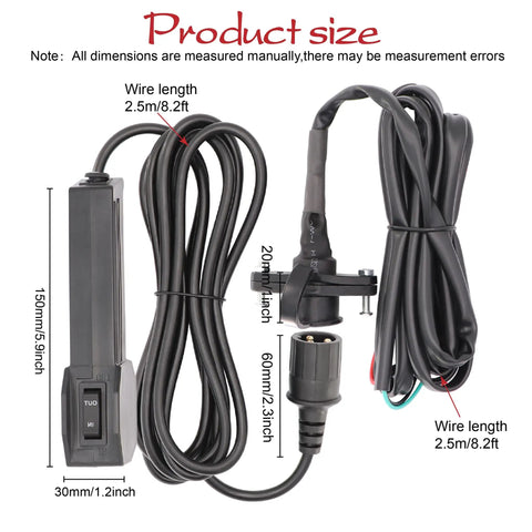 12V Corded Winch Remote Control Kit For ATV UTV No Fuss Plug And Play Handheld Controller With Wiring Socket shown in measurements