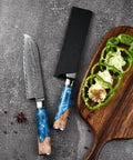 Knife with blue handle and sheath next to sliced green peppers on board, part of 5 Piece Cutter Protective Covers Set With Flocking Lining