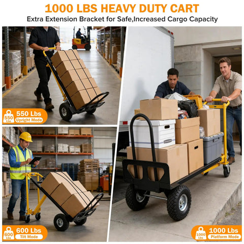 3-in-1 Convertible Hand Truck Dolly Cart With 10-Inch Pneumatic Wheels 1000 Lb Capacity Heavy Duty Hand Cart With Bungee Cords