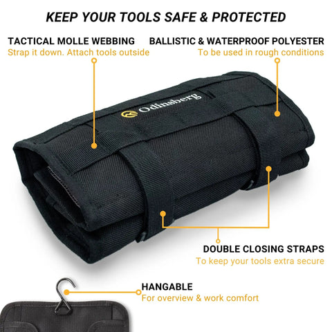 Compact Roll Up Motorcycle Tool Bag With MOLLE Strap for Grab-And-Go, 1000D Durable Wrapable Box shown rolled with tactical webbing.