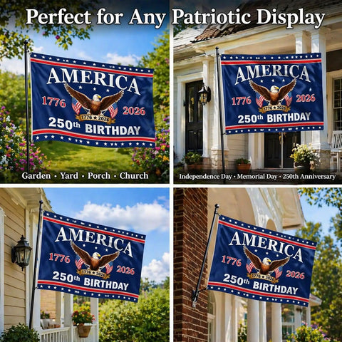 Double Sided 3 Ply Outdoor American Flag For Independence Day Decor 250th Anniversary USA Flag Durable Polyester For Outdoor Use All American Fourth Of July Patriotic Flag displayed on porches and yards.