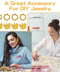 Collage of 60 Pcs Crown Charms Set In Gold And Silver For DIY Jewelry Making Crafts, featuring crafting scenes and charm details.