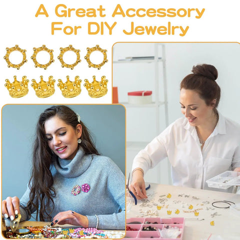 Collage of 60 Pcs Crown Charms Set In Gold And Silver For DIY Jewelry Making Crafts, featuring crafting scenes and charm details.