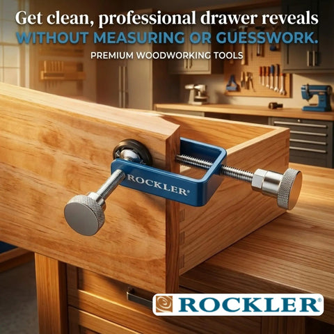 Drawer Front Alignment Clamps For Cabinet Installation showing clamp holding drawer front for precise alignment in a workshop.