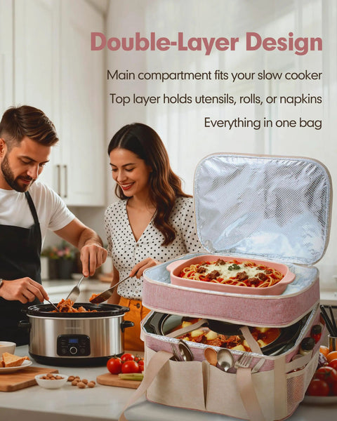 Couple using Heavy Duty Insulated Slow Cooker Carrying Bag 6 To 8 Quart Oval, Double Layer Travel Tote in kitchen
