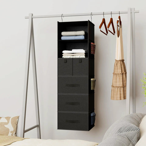 Six Shelf Hanging Closet Organizer With Five Drawers And Three Pockets Two Hooks Foldable Wardrobe Storage For Clothes And Accessories Non Woven Fabric Black hanging on a rail, white wall backdrop