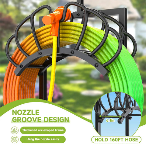 3-In-1 Garden Hose Holder With Solar Light And Shepherd Hooks displaying colorful 160ft hose on sturdy frame outdoors.