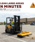 Heavy Duty Forklift Broom Attachment With 60 Inch Sweeping Path And 8 Dense Poly Rows built like a tank in use for job site cleanup.